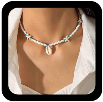 Dervivea Boho Muschel Perlen Choker Halskette Muschel Seestern Kragen Halskette Saatgut Perlen Kette Halskette Sommer Strand Halskette Reisperlen Halskette Schmuck Für Frauen (weiß Perlen)