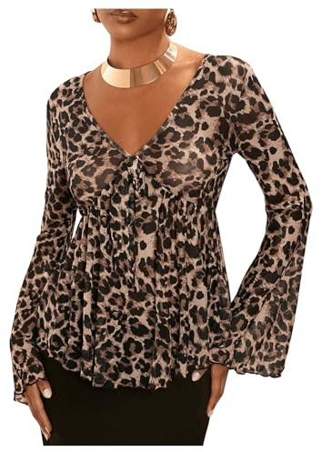 GORGLITTER Women's Leopard Print Deep V Neck Ruffle Top Shirts Mesh Bell Sleeve Peplum Tunic Tops Blouse Brown L