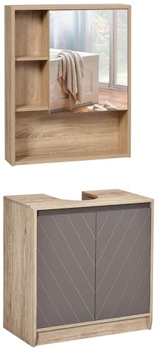 HOMCOM Set Arredo Bagno 2 Pezzi con Mobile Specchiera a 3 Ripiani Aperti e Mobile Sottolavabo con Ripiano Interno Regolabile, in Legno e Vetro, Grigio e Rovere