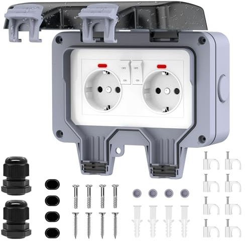 Aussensteckdose Wasserdicht IP66 2 Fach Outdoor Steckdose Außensteckdose mit Schalter Kontrollleuchte, Wandsteckdose Feuchtraum Aufputz Gartensteckdose Staubdicht Wetterfest mit Klappdeckel