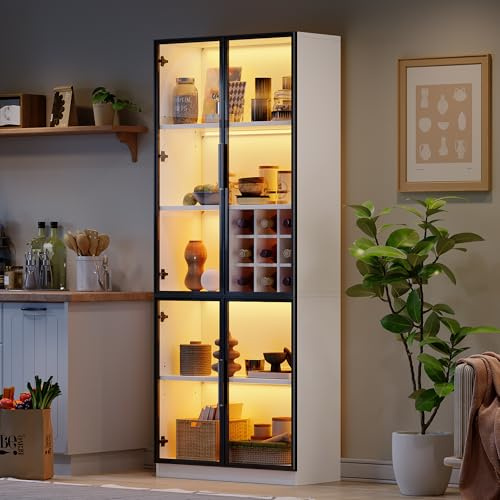Vitrina de cristal con puertas de cristal con LED, armario alto, vitrina de pie, elegante aparador con puertas dobles, estantería de cristal y soporte para vino, 80 x 35 x 200 cm