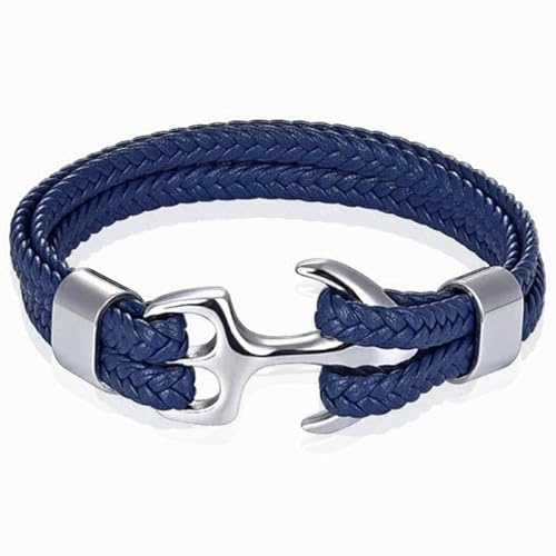 Tom Jaxon Pulsera para hombre Ancla trenzada Cuero Plata Azul - 18cm