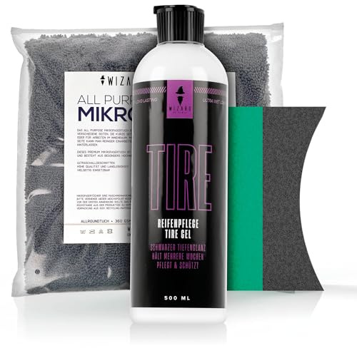 Wizard of Gloss Tire Gel 500 ml - Soin des pneus longue durée avec protection UV - Noir profond - Rafraîchit les pneus décolorés - Avec chiffon en microfibre 320 g/m² et applicateur de pneus