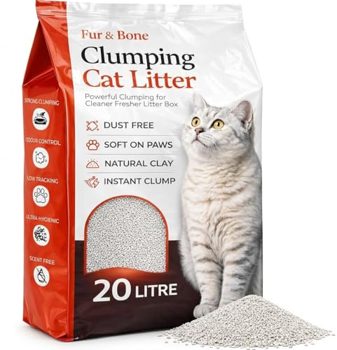 Fur & Bone 20L Clumping Cat Litter – Natural Bentonite Clay – Fast Clumping, Ultra Absorbent, Low Dust, Unscented – Easy Scoop Formula for Odour Control, Indoor Cats & Litter Tray Use