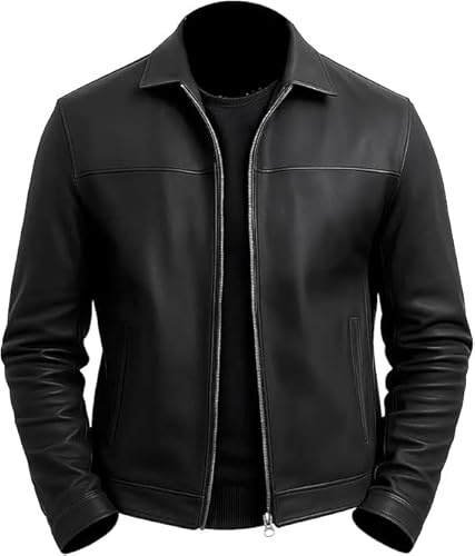 Arch Buy Men's Classic Black Moto Leather Jacket with Zipper Front (UK, Alpha, M, Regular, Regular, Black)