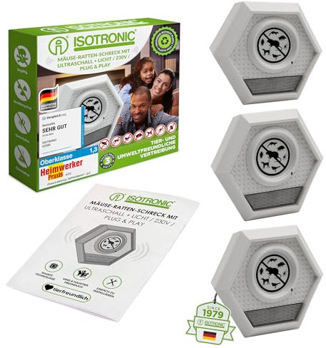 ISOTRONIC Maus Vertreiber Ultraschall + Licht Mäuseabwehr | Elektronische Rattenabwehr gegen Mäuse | ohne Chemie und Mäusefalle | sicher für Menschen und Haustiere, 3er Set