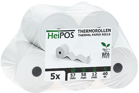 HeiGroup HeiPOS - 5x Kassenrollen Thermorollen - 57 mm x 40 m x 12 mm - 55 g/m² Papier - Für EC-Cash, Kreditkarten Kassensysteme und mehr