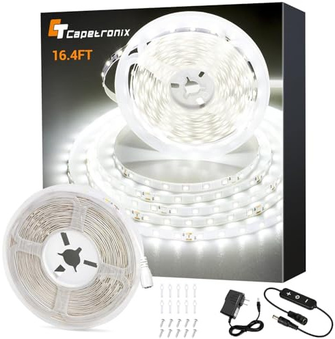 CT CAPETRONIX White LED Strip Light, 16.4 Feet 24 Volt LED Light Strip White, 6000K-6500K Daylight Super Bright LED Tape Light for Bedroom, Kitchen, Closet, Cabinet, Mirror, Indoor（Dimmer Included）