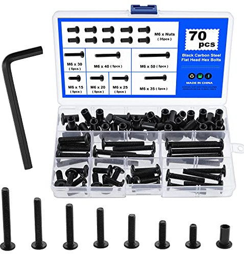 Faankiton 70 Pièces Boulons à Tête Hexagonale M6x15-50mm, Vis d'Assemblage M6, Vis de Reliure M6 en Acier au Carbone, Boulon de Reliure Boite Boulon Ecrou Vis, Vis écrou Noir avec Clé Allen