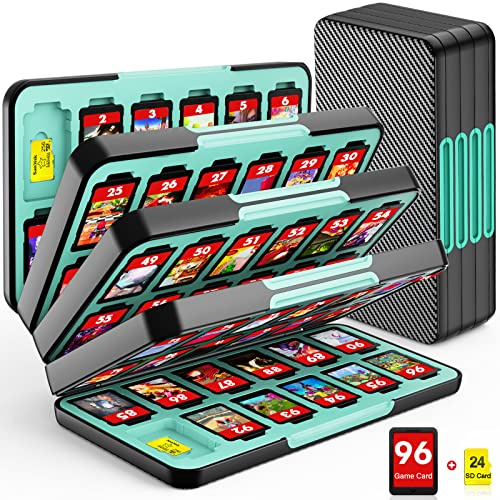 Switch Game Case for Nintendo Switch/Switch OLED, Switch Game Holder with 96 Games Card Slot&24 Micro SD Cartridge Slots, CYKOARMOR Storage Accessories Hard Shell Portable Cartridge Box, Blue Black
