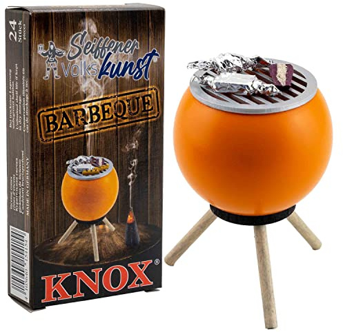 Seiffener Volkskunst Forno per affumicatura, 10 cm, barbecue e coni di incenso Knox, barbecue con verdure, arancione + Knox