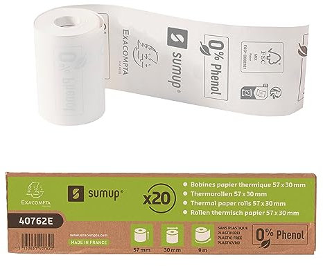 Exacompta SumUp 40762E 20er Pack Thermorollen für SumUp 3G+ und SumUp Solo Geräte, 1-lagig, Breite: 57mm, Länge 9m, ohne Kern, Kernlose Kassenrolle 55g/m² Bonrolle für SumUp Drucker extra-weiß