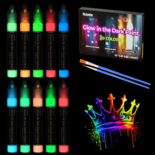 Roizefar Nachtleuchtende Farben 10×20ml, 3D Wasserfest Textilfarbe Farbe, glow in the dark Farben, Fluoreszierende Farbe DIY Stofffarben Klebestift für Kindermalerei, Leinwand Textil