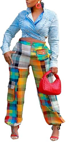 DINGANG Cargo Pants Women Plaid Patchwork Straight Leg Baggy Pants Trousers Y2K
