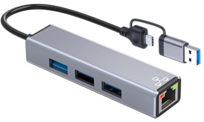 JZK Aluminium USB 3.0 Hub with RJ45 100Mbps Ethernet LAN Network Adapter, 3 Port USB Splitter with USB A and USB C for Mac Chromebook Ultrabook