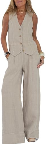 Women's Cotton Linen 2 Piece Outfit Sleeveless Suit Button V-Neck Vest and Wide Leg Pants Casual Blazer Matching Sets (Beige, M)