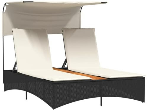 vidaXL Doppel Sonnenliege, Gartenliege mit Dach Auflagen, Doppelliege für Außenbereich, Relaxliege Sonnenbett Gartenmöbel, Schwarz Poly Rattan