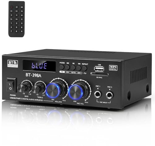 Romica Amplificateur Audio HiFi Stéréo Bluetooth 5.0, 2 Canaux 2x450W avec Radio FM, USB, SD, Entrées Optique/Coaxiale, Compatible Enceintes Passives et Caisson de Basses Actif, pour Cinéma Maison
