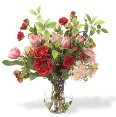 Petals Rose & Snowball Hydrangea Faux Flower Bouquet in a Glass Bouquet Vase