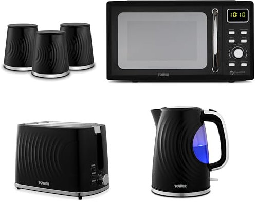 Tower Sonar Black 1.7L 3KW Kettle, 2 Slice Toaster, Tea, Coffee, Sugar Canisters and T24041BLK 800W 20L Digital Microwave in Black. Stylish Matching Kitchen Set of 6 in Black