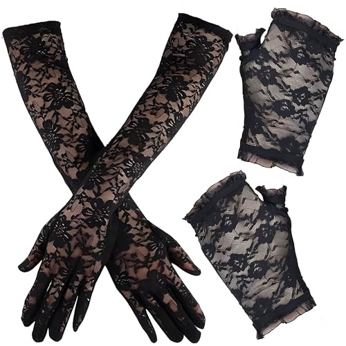 Jyeennar 2 Pairs Black Lace Gloves Set,Elegant Finger Mesh Gloves for Women, Black Fishnet Arm Sleeves Perfect for 20s 80s Parties,Cosplay,Vintage Fashion(Long & Short)