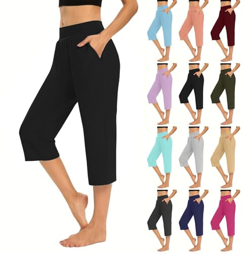 AMDOLE Yoga Pants for Women Cropped Capri Pants Ladies High Waisted 3/4 Length Trousers Elastic Waist Straight Leg Trouser with Pockets Solid Color Tights Soft Pant Office Work Black XL