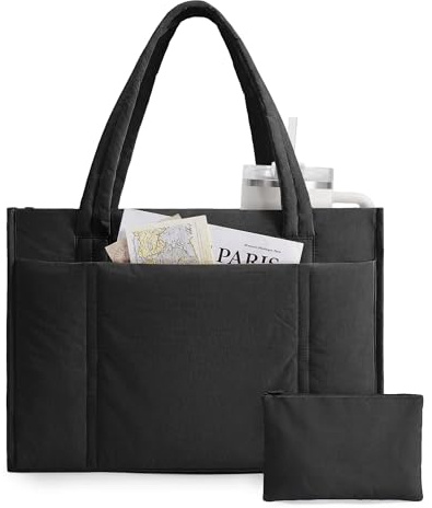bagsmart Large Puffer Tote Bag, Padded 15.6 Laptop Work Handbag with Zip | 21L Lightweight Women Tote with Small Pouch for Teacher, Student School, Commute, Business Travel, Cup Holder, Trolley Sleeve