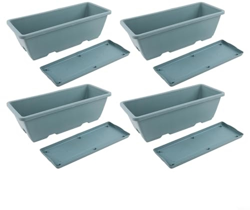 Confezione da 4 fioriere rettangolari con vassoio, in plastica profonda, per balcone, giardino, contenitore per la coltivazione di verdure da esterno, per piante grasse e fiori, 43 cm (blu)