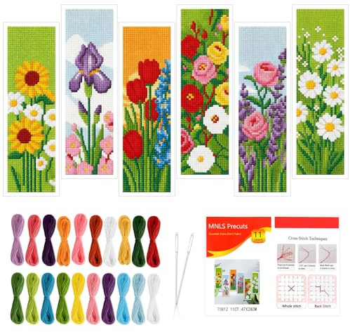 JSRQT Kit Segnalibri a Punto Croce Floreale, 6 Pezzi 11CT Segnalibro di Pagina Ricamo Preimpressi con Istruzioni, Lavoro a Mano Marcatori di Pagina Libro Regalo per Amanti dei Libri (20 x 6 cm)