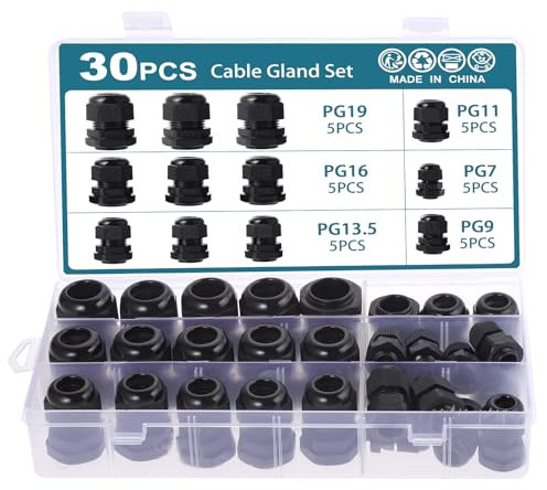 HSEAMALL Waterproof Cable Gland PG7,PG9,PG11,PG13.5,PG16,PG19 Plastic Cable Wire Connectors 3.5-15mm (30PCS PG7-PG19, Black)