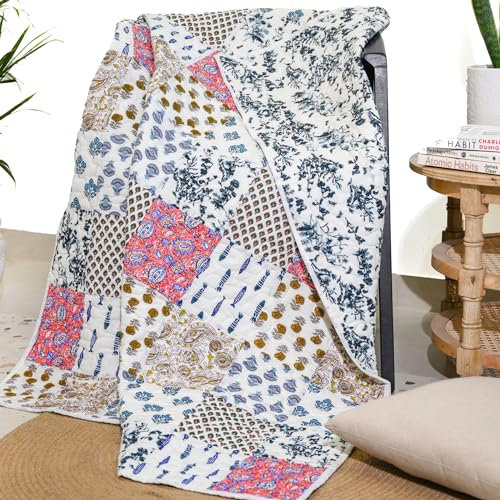 RAJRANG BRINGING RAJASTHAN TO YOU Multi Color Patchwork Throw Blanket 50 x 60 Inches Vintage Indian Decorative Quilt for Sofa Couch and Home Decor