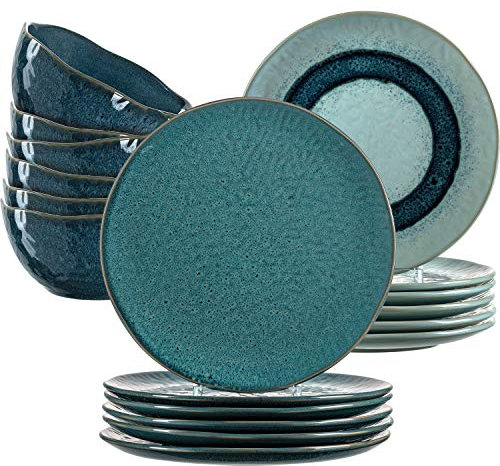 Leonardo 026053 Matera - Servizio combinato in gres, 18 pezzi, piatti in ceramica, ciotole, lavabili in lavastoviglie, blu, 380 ml, Ø 22,5 e 27 cm