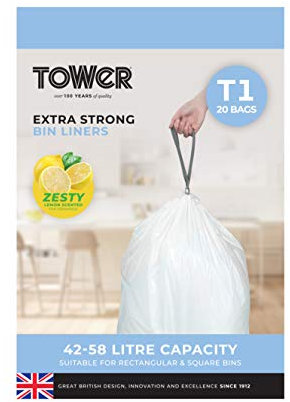 Tower T878000 42-58L Lemon Scented Heavy Duty Drawstring Bin Liners, 20 Pack, White