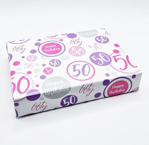 4 hojas, 4 etiquetas de regalo a juego, papel de regalo de 50 cumpleaños, rosa, lila, blanco, papel de regalo femenino (PA)