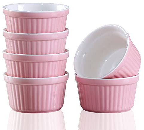 YAZYLIFE Ramekins 6oz Oven Safe,Creme Brulee Ramekin and Souffle Dishes,Porcelain Baking Bowls,Dipping Sauce Dish.Pudding Cups,Set of 6,Pink