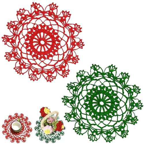 BOMHCS Tapetes de encaje de ganchillo hechos a mano de 12 a 13 pulgadas, color rojo y verde, paquete de 2 salvamanteles individuales, posavasos de cocina, manteles individuales para mesa de café
