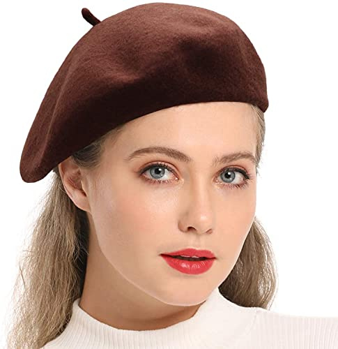 Grunge Wear® Adult Men Women Wool Blend French Style Plain Classic Solid Color Beret Hat, Unisex Soft Warm Outdoor Vintage Artist Hat Beanie Cap (Brown)