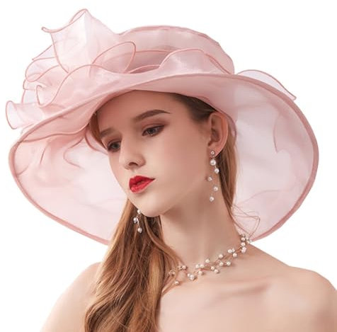 ZESLIV Damenhut Organza Hut Hochzeit Anlasshut Brauthut Sonnenhut mit Organza Blumen Sommerhut Sonnenschutz Strandhut, Rosa