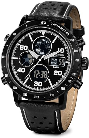PINDOWS Watches for Men, Men Military Digital Analog Casual Dual Time Leather Wristwatch Multifunctional Fashion Watch with LED Backlight Alarm Stopwatch Calendar
