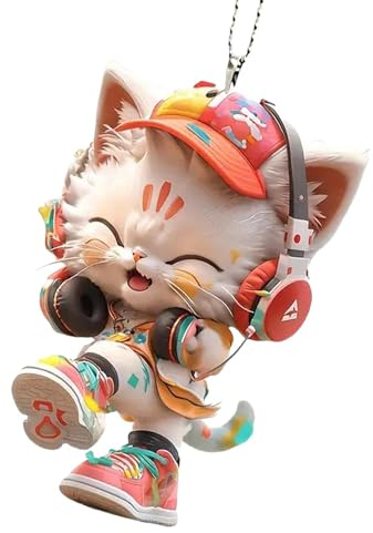 Ornement de voiture de chat, pendentif de voiture de chat | Chaton de voiture portant des accessoires de rétroviseur de casque - Pendentif animal en acrylique 2D pour voiture, sac, sac à dos, décor d'