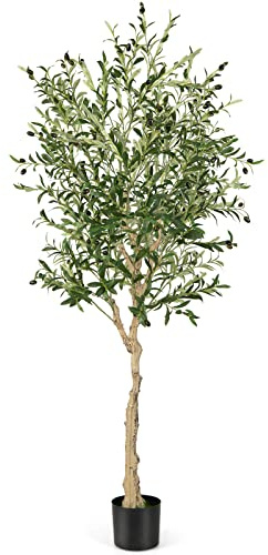 COSTWAY Konstgjord olivträd, konstgjord växt 180 cm, krukväxt med cementkruka och naturliga blad och 72 frukter, konstträd för trädgård kontor hem, konstgjorda växter grön
