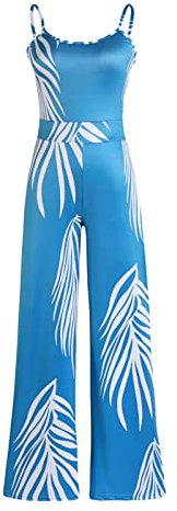 hahuha Lässiger Body für Damen 2024, Strapsanzug, Blattdruck, Strapsanzug, gerades Bein, Hose, weites Bein, Hose, Maler-Overall für Damen, blau, XXL