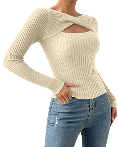 Pull Femme Chic et Elegant Soiree Sexy Pull Cache Coeur Manche Longue Profond Pullover tricoté cotele Chaud et Doux Haut Thermique Hiver Slim fit Ultra Confortable Ideal Pull-Over (D, S)