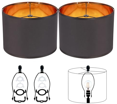JNIBOAO Black Lamp Shades Drum Set Of 2 Medium Gold 12-Inch Replacement Lamp Shades For Table Lamps,Floor Lamps,Diy Pendant Lights, Wall Lights,Harp Holder Included,Requires Assembly. (Black)