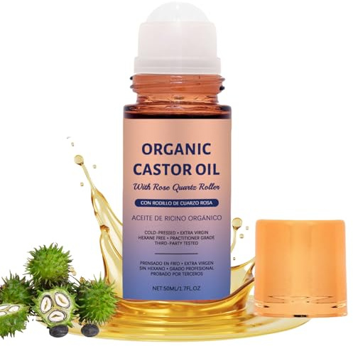 Organic Castor Oil Roll On,Castor Oil for Face with Rose Quartz Roller,Natural Ingredients,Deep Moisturizing,Leak-Proof,for Skin Care,Brows, Hair,Body,Belly,50ml