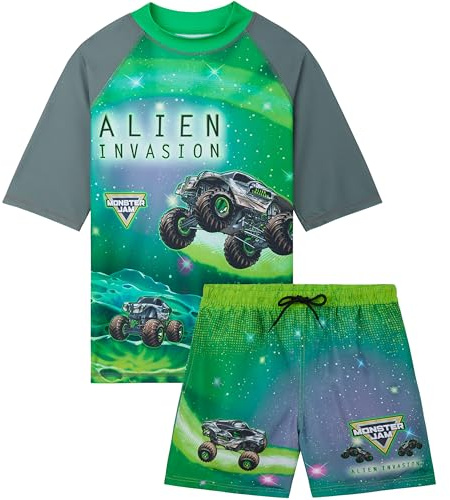 Monster Jam Boys Swim Suit Set 4-12 Yrs, 2 Pcs Swimming Costume with Shorts, UPF 50+ Beach & Pool Rash Vest & Swimming Trunks (9-10 Years, Multi Monster Jam)