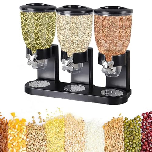 Triple Cereal Dispenser Food Storage Canister 6L Capacity Cereal Container Dispenser for Cornflakes Candy Sweets Lentils Nuts Beans Granola Kitchen Storage (Black)