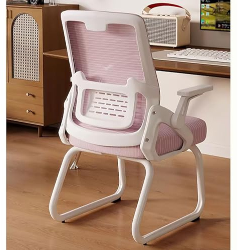Ergonomisk kontorsstol i mesh Med slädeunderrede Besöksstol for kontor Med ryggstöd Lämplig for konferensrum, sovrum, väntrum och receptioner(Pink+white frame)