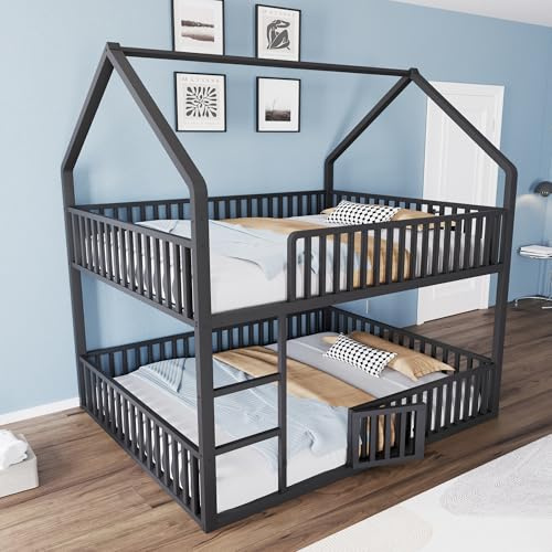 Yihomfy Lit superposé pour Enfant 140 x 200 cm, lit Double en métal, lit superposé avec escalier, Design loft, lit inférieur avec Petite Porte ouvrable, lit Familial