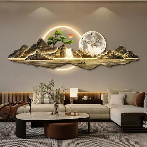 Decoración Mural 3D Con Luces LED, Reloj De Pared Creativo, Pintura Moderna En Cristal, Escultura De Paisaje Grande, Decoración Elegante Para Sala Comedor Pared(A,105 * 35cm/41.3 * 13.8in)